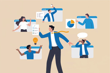 Flat vector illustration of a team meeting online isolated on transparent background