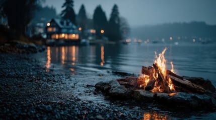 Naklejka premium Crackling Campfire Flames on Lake Shoreline at Dusk with Reflections