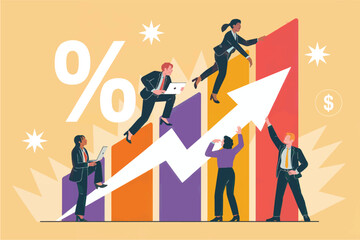 Business people collaborating to increase percentage growth flat vector illustration isolated on transparent background