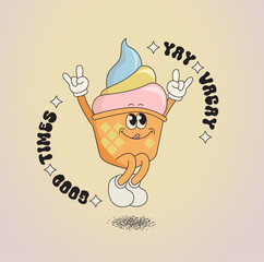 Tasty ice cream character,funny summer food-sundae, gelato. Happy sweet kawaii smiling and jumping delicacy with different tastes for kids. Template for greeting,poster, flyer, web.Vector illustration