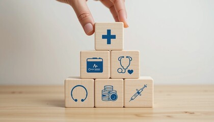 Hand stacks wooden blocks with healthcare symbols on a wooden surface