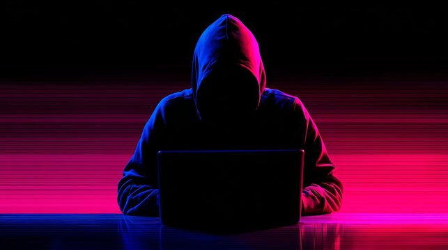 Person in a hoodie sitting at a laptop in front of a pink and blue glowing background with dark shadows