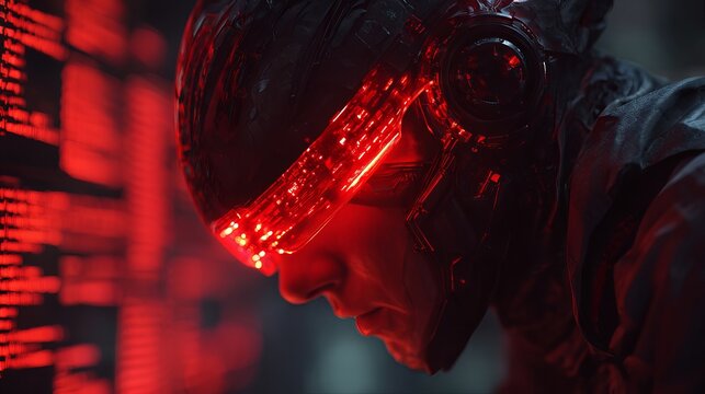 A person wearing a futuristic helmet with red visor and glowing red code in the background image