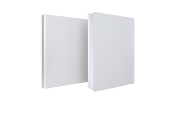 Two white blank books isolated on a black background for mockup purposes.