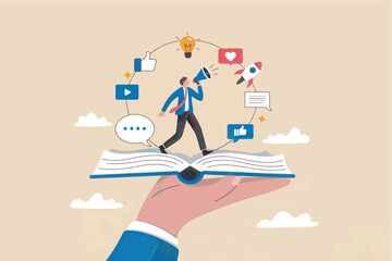 Man with megaphone on open book promoting ideas isolated on transparent background