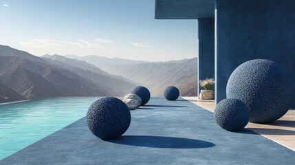 Blue spheres on a platform overlooking a lake and mountains in the distance on a sunny day scene