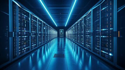 Server room hallway with glowing blue lights - Powered by Adobe