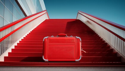 there is a red stair case with a red step case on it