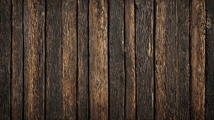 Naklejka premium A close up of a rustic dark brown wooden fence with vertical planks and visible wood grain texture