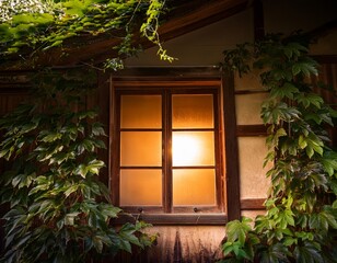 an old analog japanese photograph featuring an old lighted window inside a rustic house with leaves outside climbing over its walls professional photoshoot