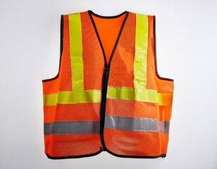 an orange safety vest with reflective stripes and multiple pockets on white background