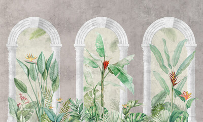 Mural Wallpaper. Watercolor Rainforest With Arch. Vintage Tropical Background   © александр Бужореан
