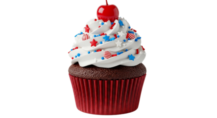 Delicious chocolate cupcake with creamy white frosting, festive red, white, and blue sprinkles, and a bright red cherry on top, isolated on a crisp white background. Perfect for celebrations