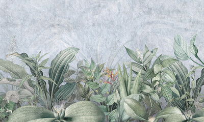 Mural Wallpaper. Tropical Flower Bushes Wallpaper Mural. Vintage Tropical Background  © александр Бужореан
