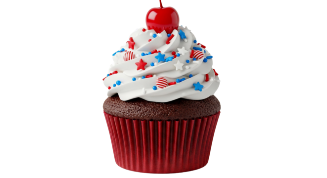Delicious chocolate cupcake with creamy white frosting, festive red, white, and blue sprinkles, and a bright red cherry on top, isolated on a crisp white background. Perfect for celebrations - Powered by Adobe