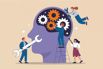 Teamwork fixing brain gears flat vector illustration isolated on transparent background