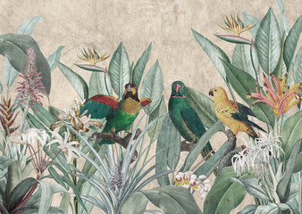 Bird of paradise. Mural Wallpaper. Watercolor Rainforest. Vintage Tropical Background   © александр Бужореан