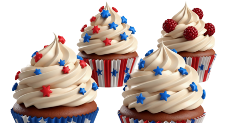 Delicious cupcakes adorned with patriotic red and blue star sprinkles, featuring creamy white frosting and striped wrappers. Perfect dessert for American holidays like Fourth of July, Memorial Day