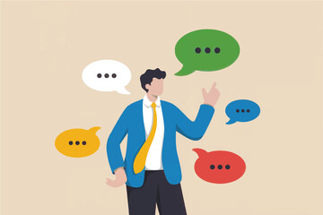 Businessman with multiple chat bubbles flat vector illustration isolated on transparent background