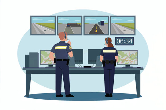 Police dispatch center with two officers flat vector illustration isolated on transparent background