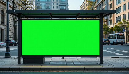 Blank Green Screen Bus Stop Billboard Mockup City Street Advertising