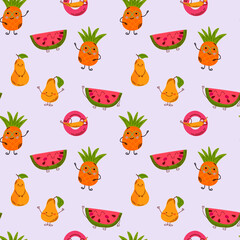 Seamless summer pattern with cute pineapple, pear, watermelon, and banana characters. Fun and colorful cartoon design perfect for kids, fabric, and seasonal decorations. Vector illustration