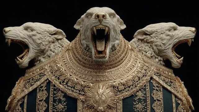 Mystical Three-Headed Guardian Statue with Gold Adornments on a Black Background