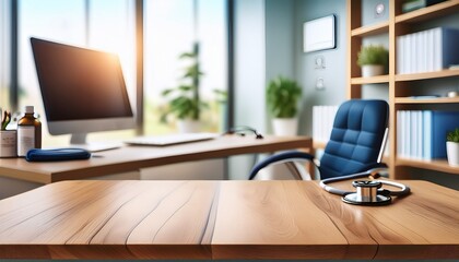 foreground shows an empty wooden table with smooth edges background displays a modern doctor s office with a stethoscope blood pressure monitor and organized shelves