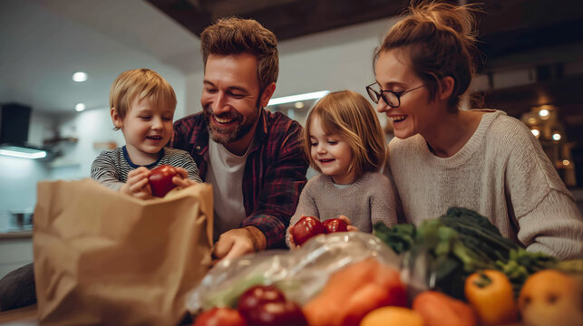 Family unpacking groceries together at home in cozy kitchen  