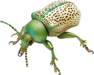 Detailed Studio Shot of a Unique Green and Beige Beetle Isolated