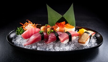 luxury japanese sushi platter featuring premium uni sea urchin and fatty toro tuna arranged on ice bed against dramatic dark background showcasing exclusive high end restaurant cuisine