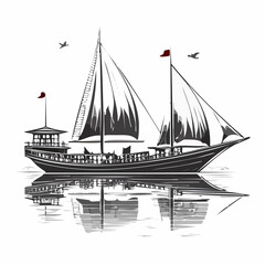 Traditional Dhow Boats Floating on calm water vector Isolated on white background.