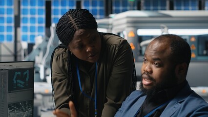 African american team of engineers collaborating in a solar energy facility, reviewing blueprints...