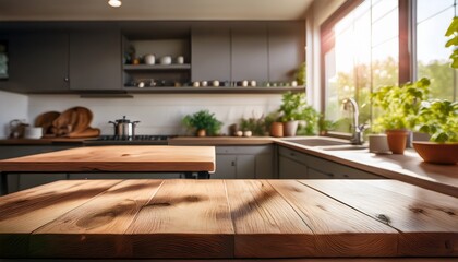 sunlit rustic kitchen countertop with wooden table in foreground