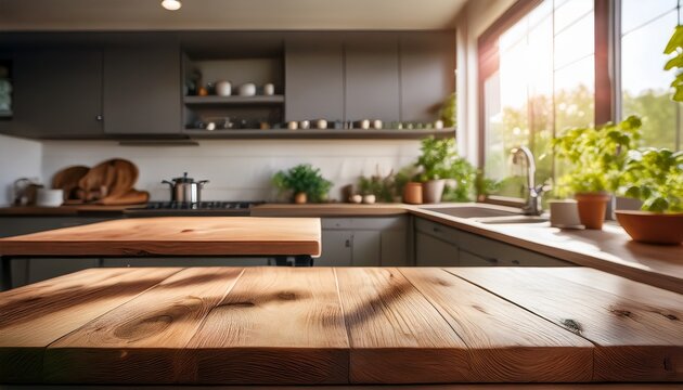 sunlit rustic kitchen countertop with wooden table in foreground