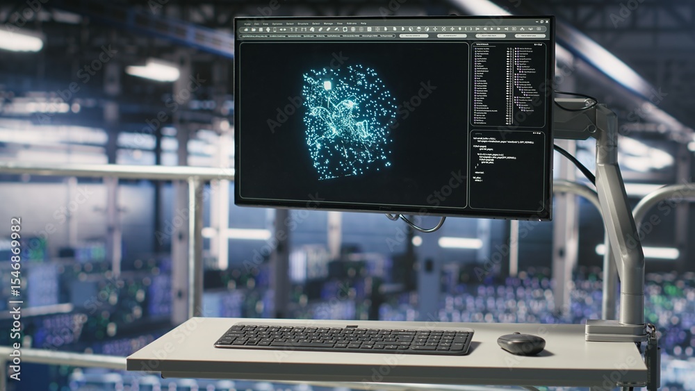 Poster pc monitor on data center industrial platform displaying hardware status for ai training workflows. 