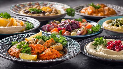 An assortment of middle eastern dishes displayed on decorative plates with various toppings and garnishes