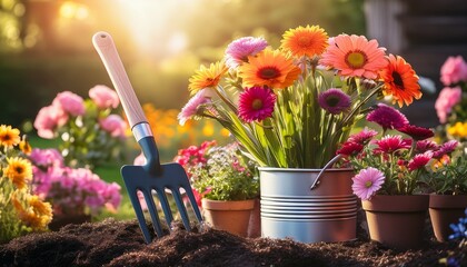 well maintained garden tools beside colorful flowers gardening inspiration