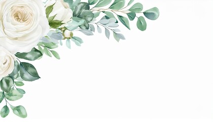 corner border of watercolor white flowers featuring a creamy peony ivory rose sage green leaves and eucalyptus hand painted art for wedding invites or backgrounds