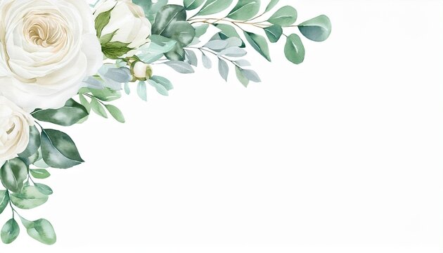 corner border of watercolor white flowers featuring a creamy peony ivory rose sage green leaves and eucalyptus hand painted art for wedding invites or backgrounds - Powered by Adobe