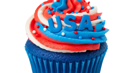 Festive patriotic cupcake decorated with vibrant red, white, and blue frosting and sprinkles, topped with 'USA' letters. Ideal for celebrating American national holidays such as Fourth of July