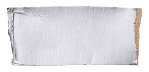 Torn piece of cardboard covered silver foil and polyethylene, smooth metal isolated plate