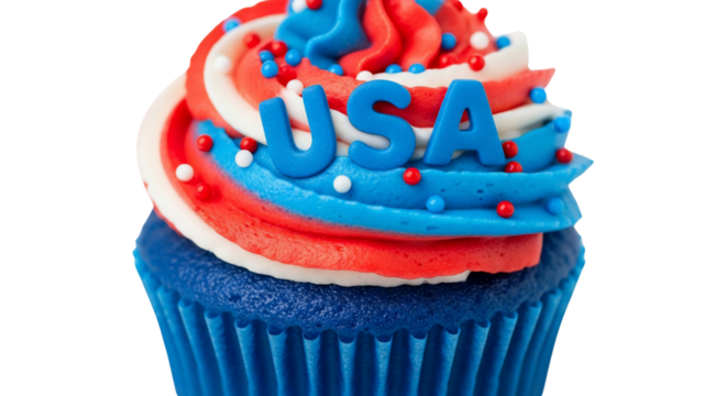Festive patriotic cupcake decorated with vibrant red, white, and blue frosting and sprinkles, topped with 'USA' letters. Ideal for celebrating American national holidays such as Fourth of July - Powered by Adobe