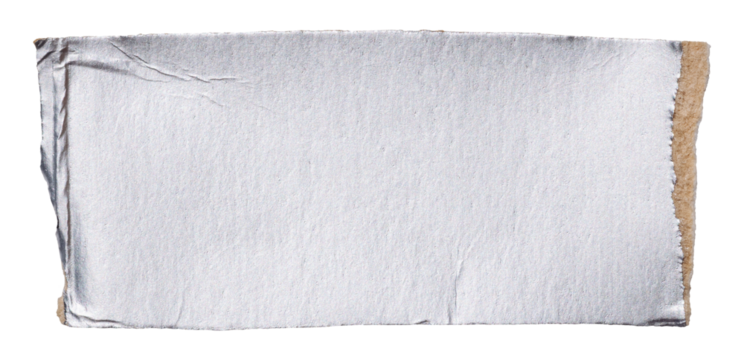 Torn piece of cardboard covered silver foil and polyethylene, smooth metal isolated plate