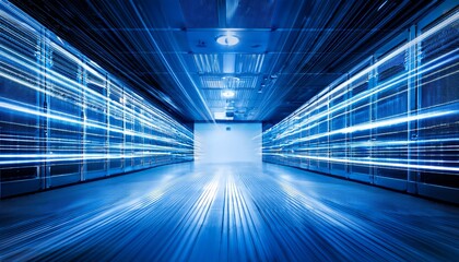 Fototapeta premium blue lit data center corridor with motion blur light trails