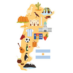 Fototapeta premium Argentine culture, nature and architecture landmarks, animals and elements of soccer on infographic country map of Argentina. Argentinian flag with sun, empanadas and wine cartoon vector illustration