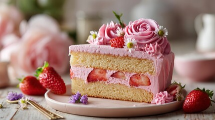 Slice of strawberry cake with pink frosting and flowers on a plate with fresh strawberries around it