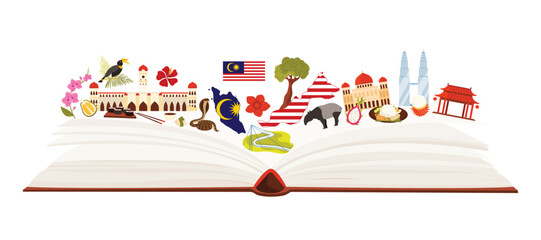 Travel to Malaysia, culture elements and food, landmarks in infographic collage. Nature and architecture, cute tapir and hornbill, mosque and flag on open big guide book cartoon vector illustration © Flash Vector
