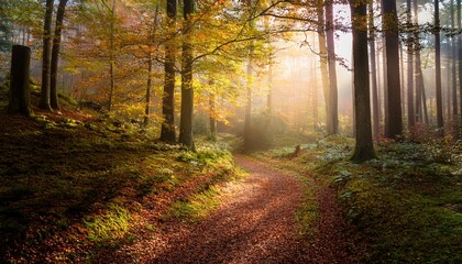 Naklejka premium tranquil autumn scenery in a scenic forest with soft light illuminating a hiking trail in slightly misty atmosphere