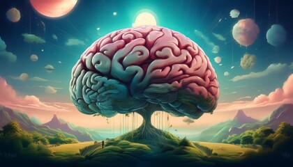 Obraz premium scientific surrealism dream visuals an ethereal landscape featuring a floating brain surrounded by nature scientific surrealism blending biology and cosmos neuroscience surreal visuals